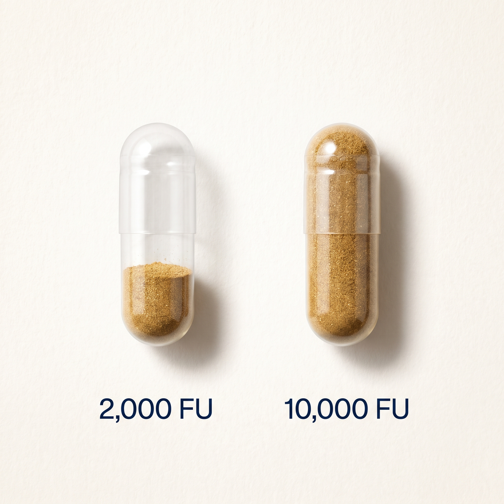 Dose comparison — the typical 2,000 FU capsule next to Rejoin's 10,000 FU serving