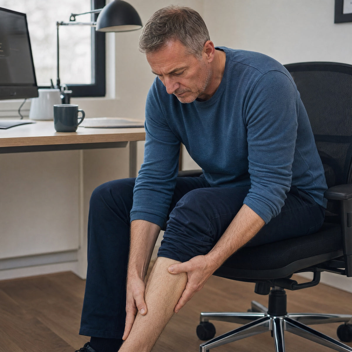 Legs going numb at a desk by mid-afternoon — circulation slowing where it's furthest from the heart